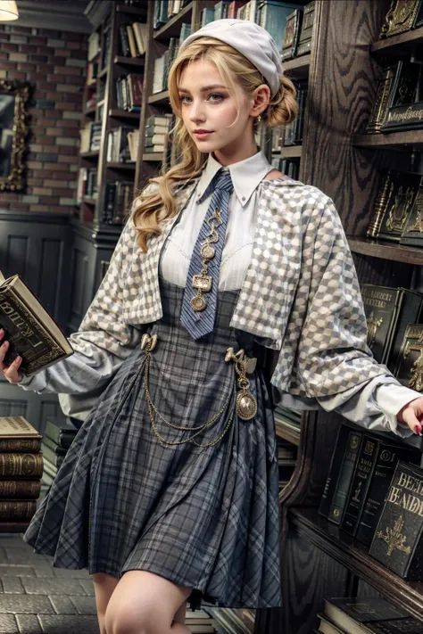 (realistic:1.3), finely detailed, quality, rembrandt lighting, (masterpiece:1.2), (photorealistic:1.2), (best quality), (detailed skin:1.3), (intricate details), dramatic, ray tracing, 1girl, british girl, 21 years old, detailed skin texture, (blush:0.5), (goosebumps:0.5), subsurface scattering, smiling, medium breasts, short hair curls, bangs, mcostume, (indoors, bookstore, bookshelves, magazines), <lora:magic_costume_v1:0.7>