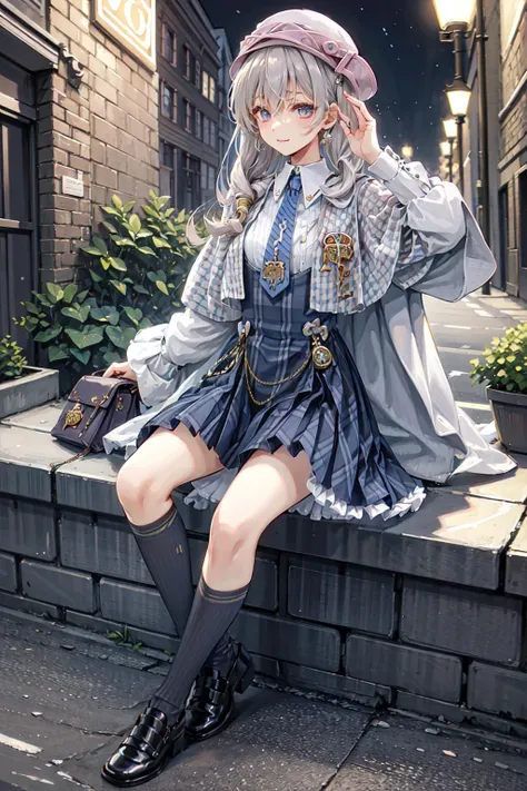 , (masterpiece:1.2), best quality,PIXIV, (Elaina),
1girl, sitting,smirk,white hair,purple eyes,necktie, skirt, socks, plaid, hat, shoes,shirt, looking at viewer, blue necktie, full body, black footwear, outdoors, solo focus, high-waist skirt, long hair, white headwear, plaid skirt, street, jacket, white shirt, collared shirt, long sleeves, white jacket, kneehighs, solo, lips, jewelry,
Outdoors, London, night, street lights, fog, motor vehicle, road, car, building, city,
<lora:magic_costume_v1:0.7>