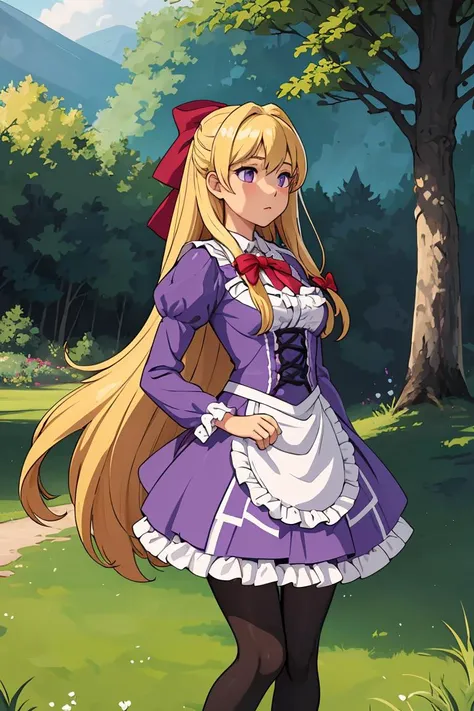 (masterpiece, best quality), 1girl,  <lora:leeza-nvwls-v1:0.8> leeza, blonde hair, hair bow, purple dress, long sleeves, frills, black pantyhose