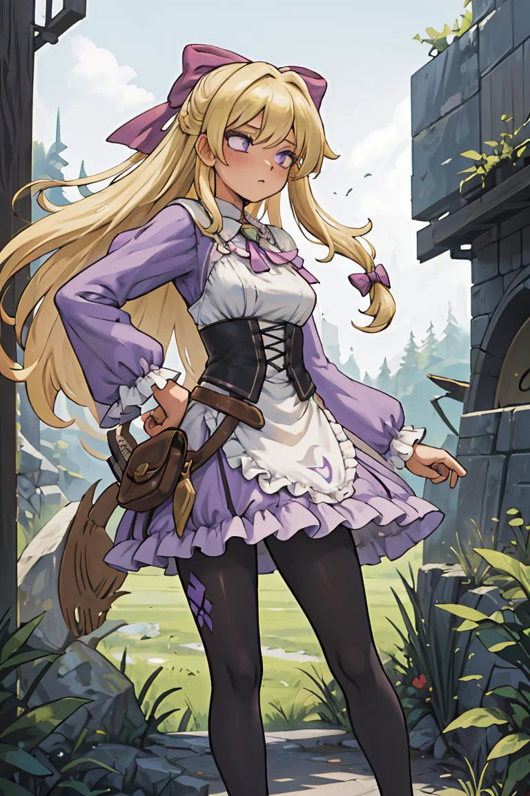 (masterpiece, best quality), 1girl, <lora:leeza-nvwls-v1:0.8> leeza, blonde hair, hair bow, purple dress, long sleeves, frills, black pantyhose