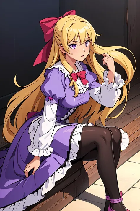 (masterpiece, best quality), 1girl,  <lora:leeza-nvwls-v1:0.8> leeza, blonde hair, hair bow, purple dress, long sleeves, frills, black pantyhose