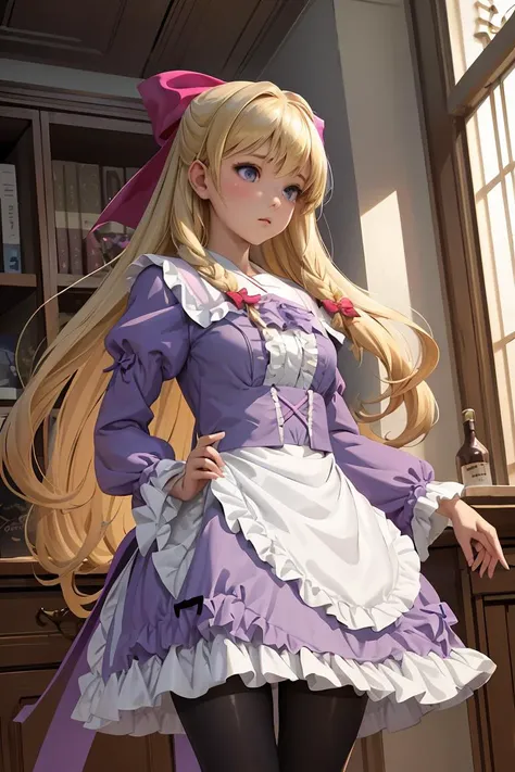 (masterpiece, best quality), 1girl,  <lora:leeza-nvwls-v1:0.8> leeza, blonde hair, hair bow, purple dress, long sleeves, frills, black pantyhose