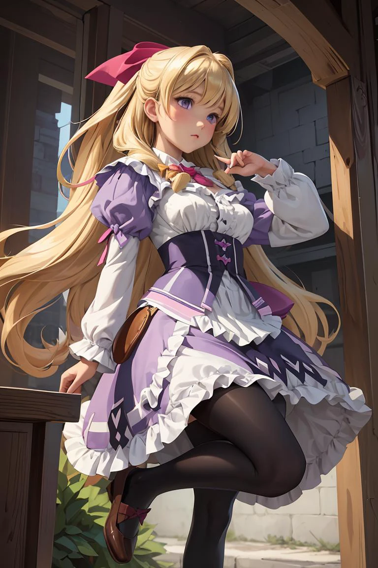 (masterpiece, best quality), 1girl, <lora:leeza-nvwls-v1:0.8> leeza, blonde hair, hair bow, purple dress, long sleeves, frills, black pantyhose