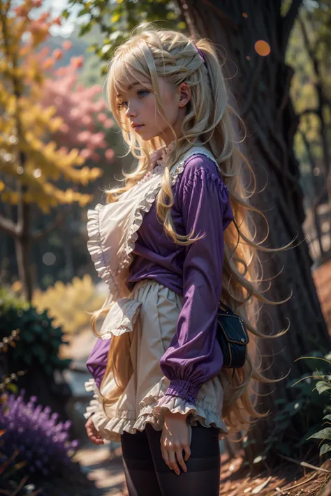 leeza, blonde hair, purple clothing, frills, long sleeves, black pantyhose , ttcolor, bokeh effect, background in a valley with trees far away <lora:leeza-nvwls-v1:0.7>. <lora:BokehMecha:0.5> <lora:beauty_eyes:0.2> <lora:perfecteyes-000007:0.35> <lora:ttcolor_v2:0.5> <lora:ilse2.2:0.5> <lora:microdress_v0.2:0.35>