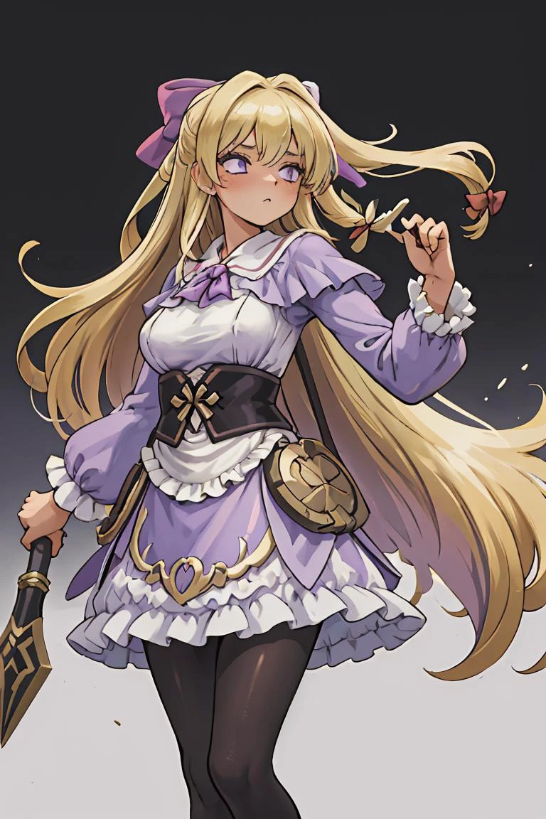 (masterpiece, best quality), 1girl, <lora:leeza-nvwls-v1:0.8> leeza, blonde hair, hair bow, purple dress, long sleeves, frills, black pantyhose