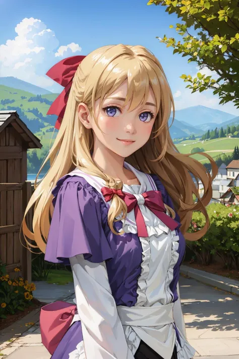 masterpiece, best quality, <lora:leeza-nvwls-v1-000010:0.9> leeza, hair bow, purple dress, long sleeves, frills, black pantyhose, looking at viewer, smile, upper body, village, summer