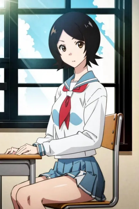 (masterpiece:1.2), ultra detailed,<lora:NamiHitou:0.9>, NamiHitou, white school uniform, chalkboard, chair, desk, sitting, windows, sunlight, best quality