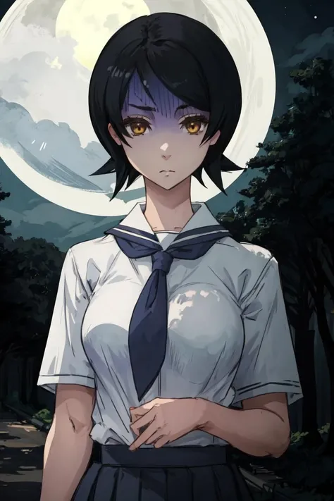 (masterpiece:1.2), ultra detailed,<lora:NamiHitou:0.8>, NamiHitou, shaded face, dark forest, fog, white school uniform, moonlight, night, best quality, looking at the viewer,