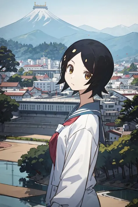 (masterpiece:1.2), ultra detailed,<lora:NamiHitou:0.9>, NamiHitou, white school uniform, japanese castle, close, outside, persistent stare, mountains, best quality, looking at the viewer