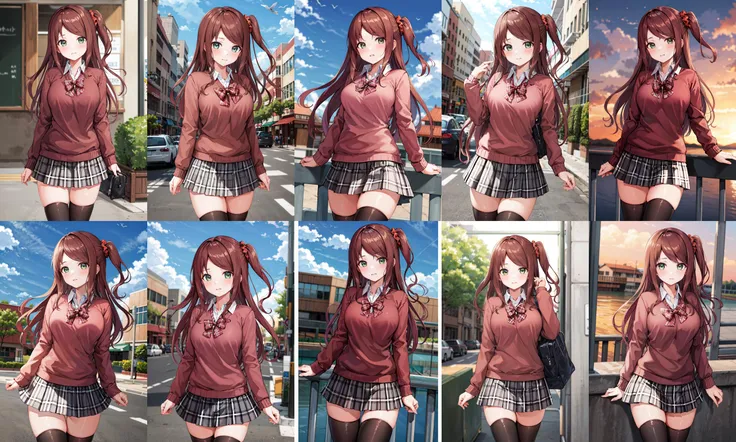masterpiece, best quality, highres, ichinose shiki, idolmaster, long hair, ahoge, medium breasts, red bowtie, plaid bowtie, white shirt, cardigan, navel, black skirt, pleated skirt, <lora:ichinose_shiki_v1:0.7>, standing, outdoors, cowboy shot, arm at side,