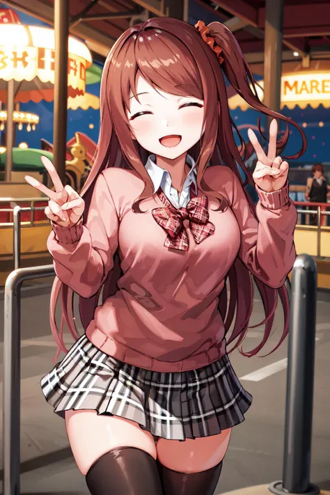 masterpiece, best quality, highres, hmyouko, black thighhighs, pleated skirt, plaid skirt, school uniform, one side up, bowtie, sweater, white shirt, hair scrunchie, miniskirt, <lora:akabane_youko_v1:0.7>, amusement park, peace_sign, closed eyes, open mouth, smile,