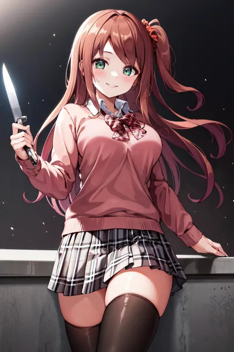 masterpiece, best quality, highres, hmyouko, black thighhighs, pleated skirt, plaid skirt, school uniform, one side up, bowtie, sweater, white shirt, hair scrunchie, miniskirt, <lora:akabane_youko_v1:0.7>, smile, shaded face, holding knife,