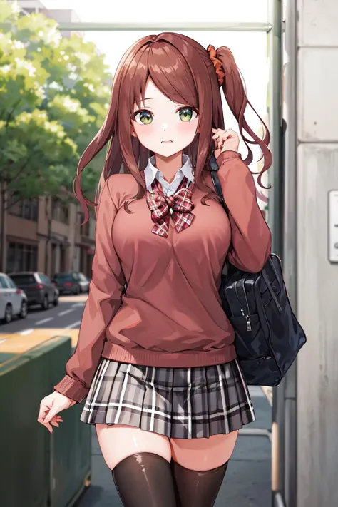 masterpiece, best quality, highres, hmyouko, black thighhighs, pleated skirt, plaid skirt, school uniform, one side up, bowtie, sweater, white shirt, hair scrunchie, miniskirt, <lora:akabane_youko_v1:0.7>, cowboy shot, standing,