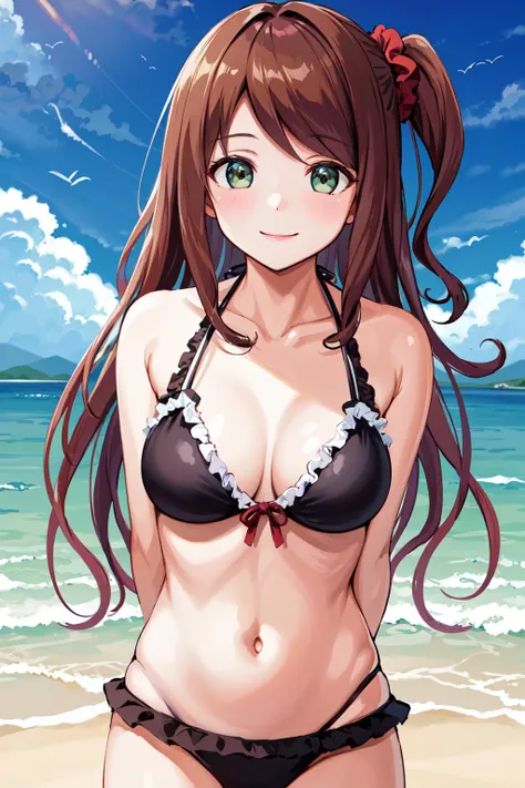 masterpiece, best quality, highres, hmyouko, one side up, hair scrunchie, <lora:akabane_youko_v1:0.7>, beach, frilled bikini, smile, arms behind back,