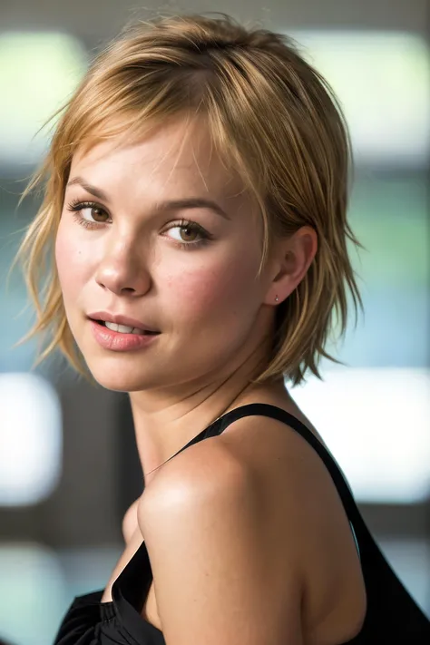 closeup headshot of (CTI_moniqu3vand3v3n:0.99), (off-the-shoulder jumpsuit), (open mouth:0.7), flirtatious expression, (short blonde hair), black-eyeshadow, (beautiful natural soft light), shallow depth of field, vignette, epic, gorgeous, film grain