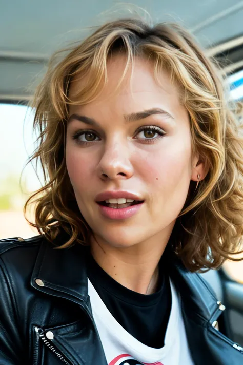 closeup headshot of (CTI_moniqu3vand3v3n:0.95), (black leather jacket with a graphic tee and black skinny jeans), (open mouth:0.7), flirtatious expression, (short curly blonde hair), shallow depth of field, vignette, epic, gorgeous, film grain