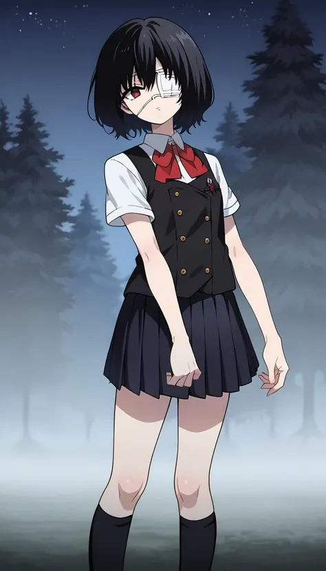 score_9, score_8_up, score_7_up, source_anime, masterpiece, 1girl, solo, meimisaki, black hair, red eyes, medical eyepatch, school uniform, black vest, pleated skirt, bow, short sleeves, looking at viewer, black kneehighs, cowboy shot, <lora:MisakiMeiPONY:1>, night, horror \(theme\), dark trees, horror, (anime screencap:0.6),