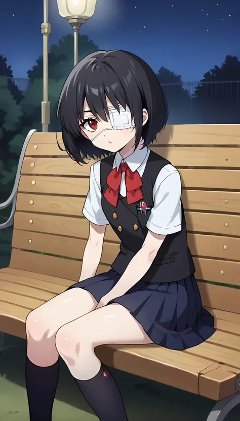 score_9, score_8_up, score_7_up, source_anime, masterpiece, 1girl, solo, meimisaki, black hair, red eyes, medical eyepatch, school uniform, black vest, pleated skirt, bow, short sleeves, looking at viewer, black kneehighs, sitting, bench, night, horror \(theme\), <lora:MisakiMeiPONY:0.9>, anime screencap,