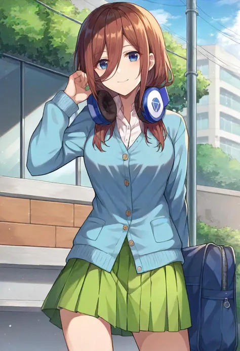 score_9, score_6_up, source_anime, 1girl, solo, cowboy shot, school, outdoors, nakano miku, brown hair, hair between eyes, blue cardigan, buttons, headphones, collared shirt, green skirt, light smile <lora:quintessential_quintuplets_sdxl_pony:0.8>