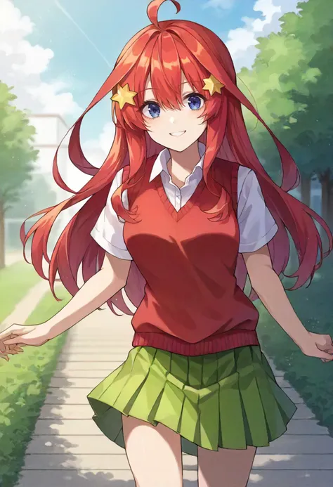 score_9, score_6_up, source_anime, 1girl, solo, cowboy shot, school, outdoors, nakano itsuki, red hair, long hair, star hair ornament, ahoge, red sweater vest, collared shirt, green skirt, light smile <lora:quintessential_quintuplets_sdxl_pony:0.8>