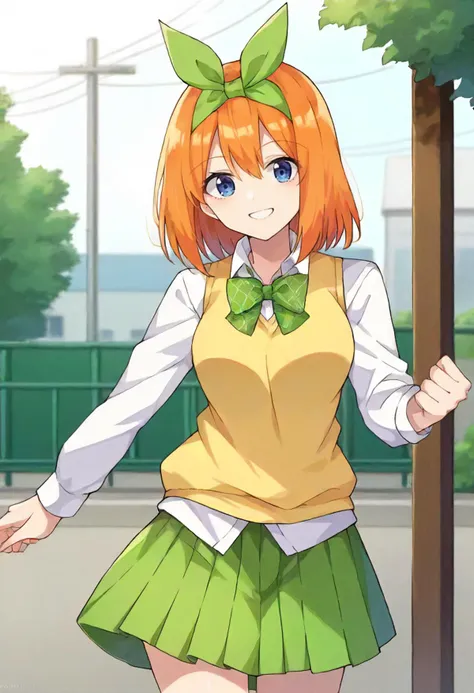 score_9, score_6_up, source_anime, 1girl, solo, cowboy shot, school, outdoors, nakano yotsuba, orange hair, hair bow, green bowtie, yellow sweater vest, collared shirt, green skirt, light smile <lora:quintessential_quintuplets_sdxl_pony:0.8>