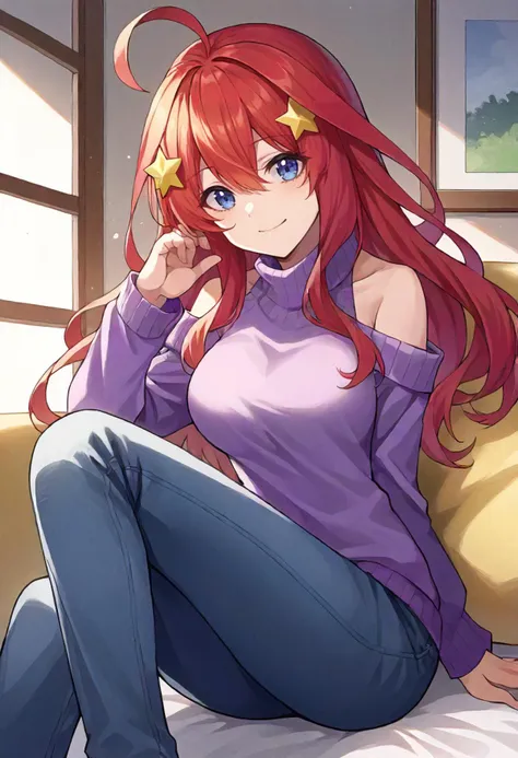 score_9, score_6_up, source_anime, 1girl, solo, indoors, nakano itsuki, red hair, long hair, star hair ornament, ahoge, purple sweater, turtleneck, shoulder cutout, jeans, light smile <lora:quintessential_quintuplets_sdxl_pony:0.8>