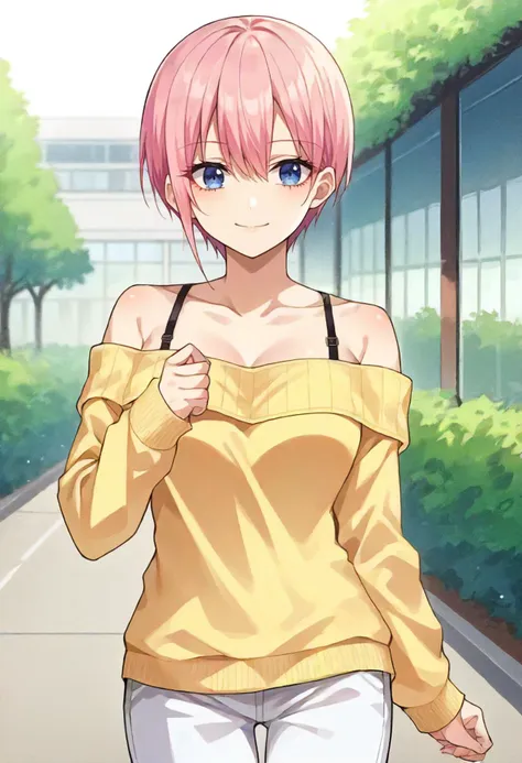 score_9, score_6_up, source_anime, 1girl, solo, cowboy shot, school, outdoors, nakano ichika, pink hair, short hair, yellow sweater, strapless, bare shoulders, long sleeves, black bra strap, white pants, light smile <lora:quintessential_quintuplets_sdxl_pony:0.8>