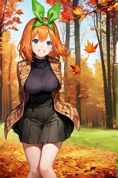 score_9, score_8_up, score_7_up, score_6_up, intricate details, hyperdetailed, hyperrealistic, BREAK
outdoors, autumn leaves, forest, falling leaves, standing, arms behind back, leaning forward, heart, large breasts, narrow waist,
<lora:quintupletsXL:1> nakano yotsuba, orange hair, hair bow, green bow, smile, teeth, happy,
black skirt, high-waist skirt, black sweater, turtleneck sweater, brown coat, plaid coat,
