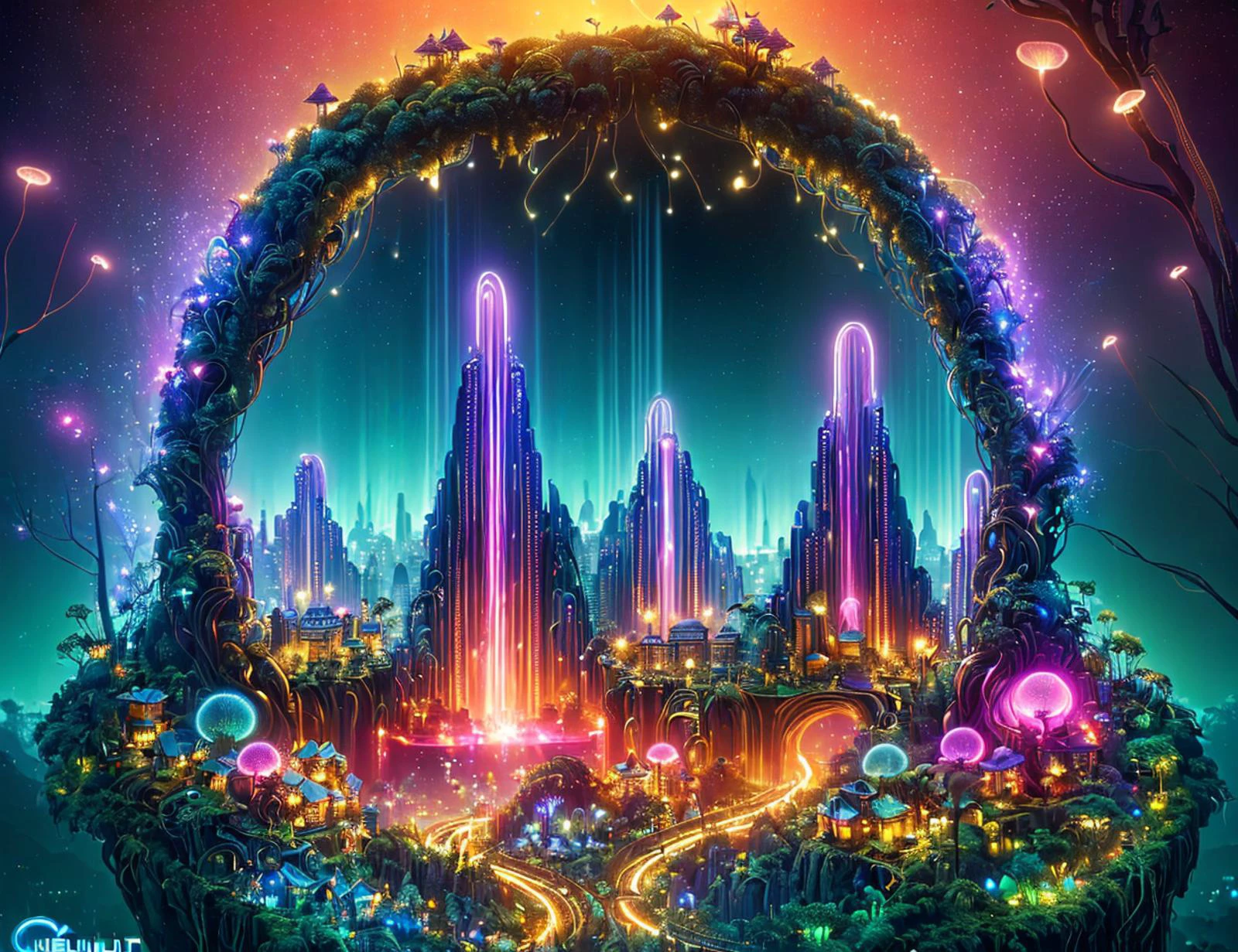 masterpiece, awesome quality, cinematic lighting, detailed, DonM1nn3rB34uty synthwave utopian cityscape, nanofluid-based heat exchange coils, fireflies, security lighting <lora:DonM1nn3rB34uty:0.7>