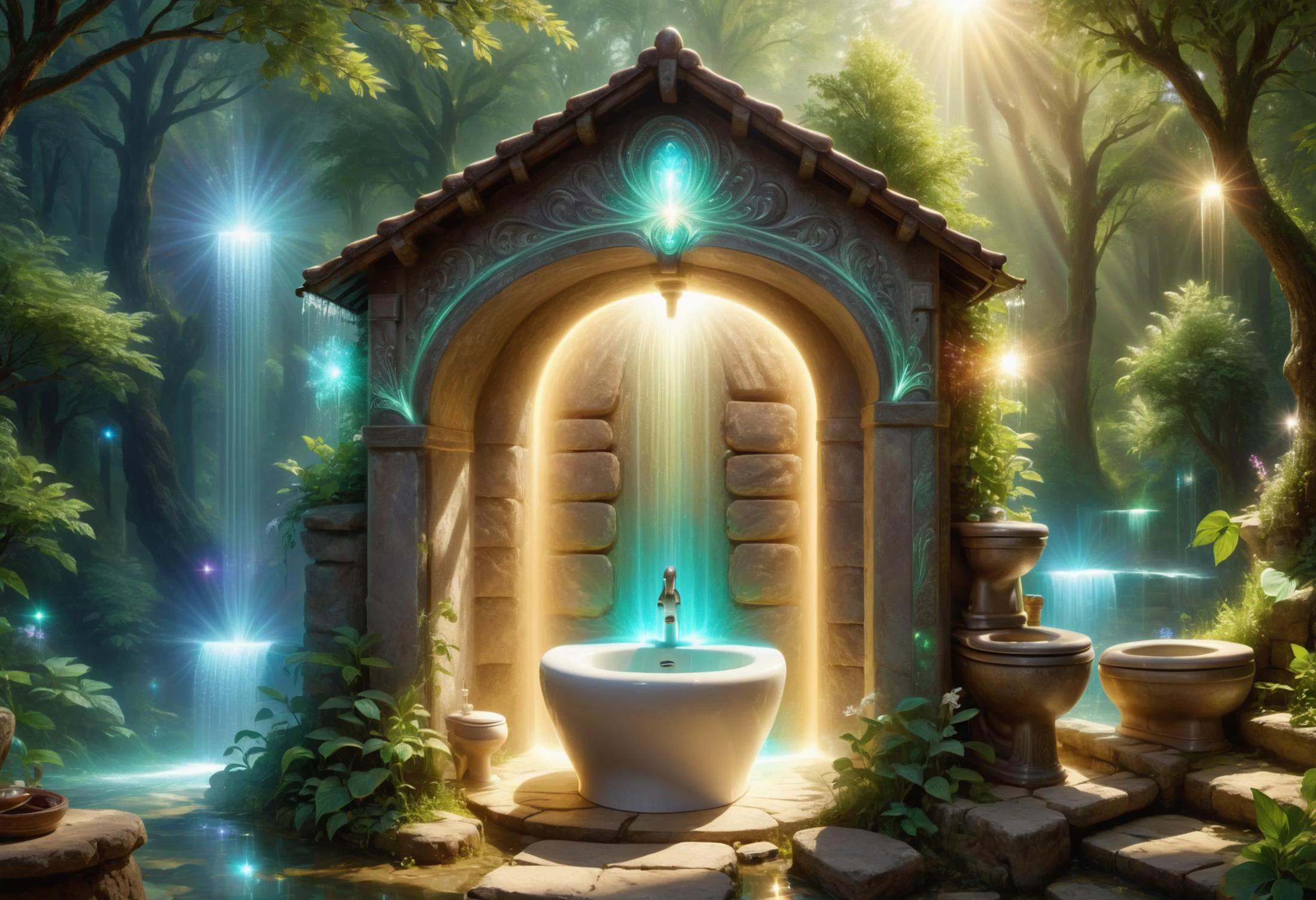 donm1nn3rb34u7yxl soft glow of light toilet, washing fountains, self-drying towels,magic soaps,hygiene charms, water recycling units,hygiene enhancers, , hygiene spirits, privacy enchantments, cultural heritage <lora:DonM1nn3rB34utyXL-000006:1>