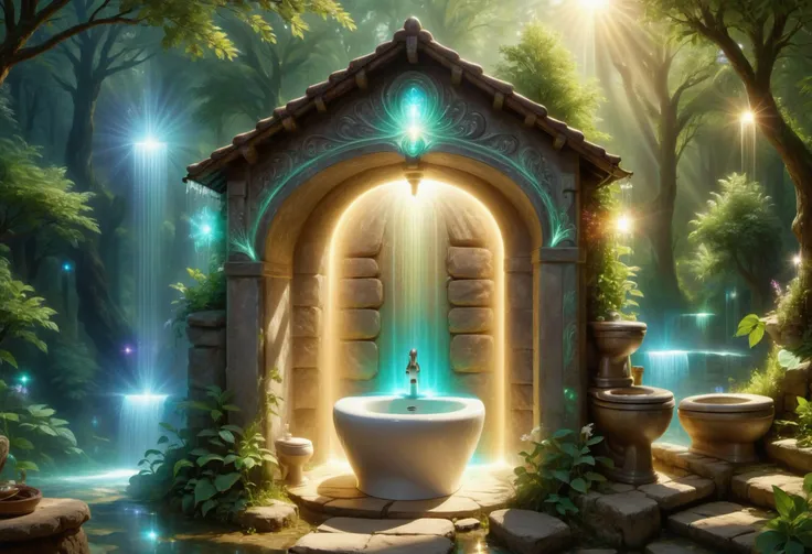donm1nn3rb34u7yxl soft glow of light toilet, washing fountains, self-drying towels,magic soaps,hygiene charms, water recycling units,hygiene enhancers, , hygiene spirits, privacy enchantments, cultural heritage <lora:DonM1nn3rB34utyXL-000006:1>