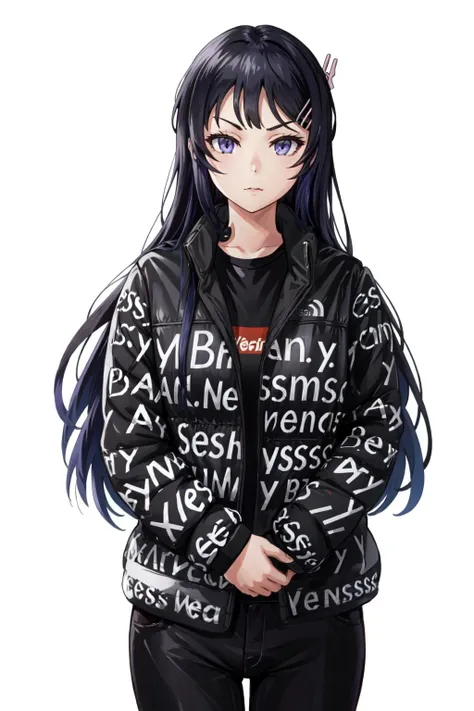 drip jacket,white background, shirt, closed mouth, open clothes, black pants, pants, 1girl, black shirt, looking at viewer, open jacket, solo, own hands together, (masterpiece:1.4), (best quality:1.4), realistic, 1girl, front view, serious, <lora:attire_dripmeme-10:0.8>,
maisakurajima, <lora:maisakurajimatest:1>, sakurajima mai, long hair, bangs, black hair, hair ornament, (purple eyes:1.1), hairclip,