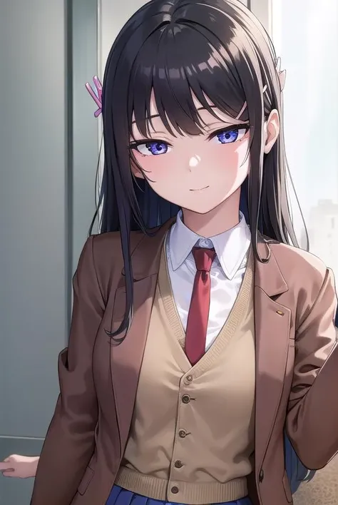 maisakurajima, <lora:maisakurajima-lora-nochekaiser:1>,
sakurajima mai, long hair, bangs, (black hair:1.5), hair ornament, (purple eyes:1.1), hairclip, rabbit hair ornament, <lora:sensualface_type1:1>, smile,
BREAK skirt, shirt, school uniform, white shirt, short sleeves, pantyhose, pleated skirt, collared shirt, blue skirt, black pantyhose, red necktie, jacket, (brown jacket:1.5),
BREAK indoors, classroom,
BREAK looking at viewer, (cowboy shot:1.5),
BREAK <lyco:GoodHands-beta2:1>, (masterpiece:1.2), best quality, high resolution, unity 8k wallpaper, (illustration:0.8), (beautiful detailed eyes:1.6), extremely detailed face, perfect lighting, extremely detailed CG, (perfect hands, perfect anatomy),