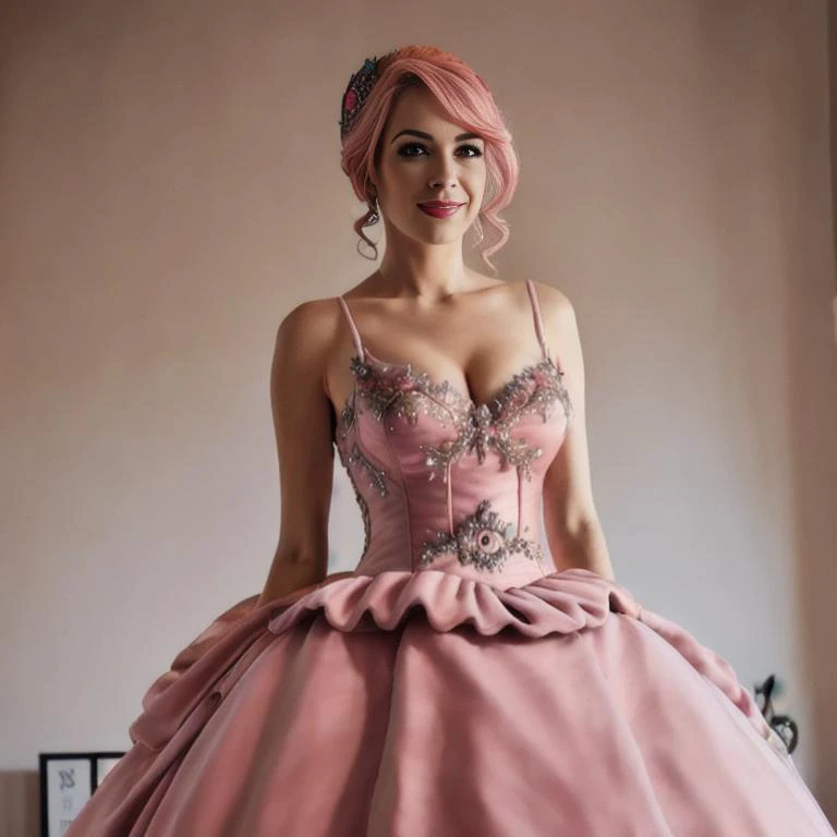 best quality, stunning punk woman, pink hair, (ball_gown:1.6), bedroom background, looking at viewer, naughty face