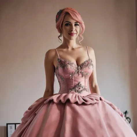 best quality, stunning punk woman, pink hair, (ball_gown:1.6), bedroom background, looking at viewer, naughty face
