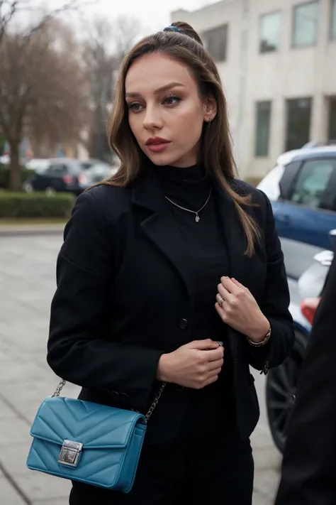 a woman with a blue purse and a black jacket, <lora:esterexposito-08:1>