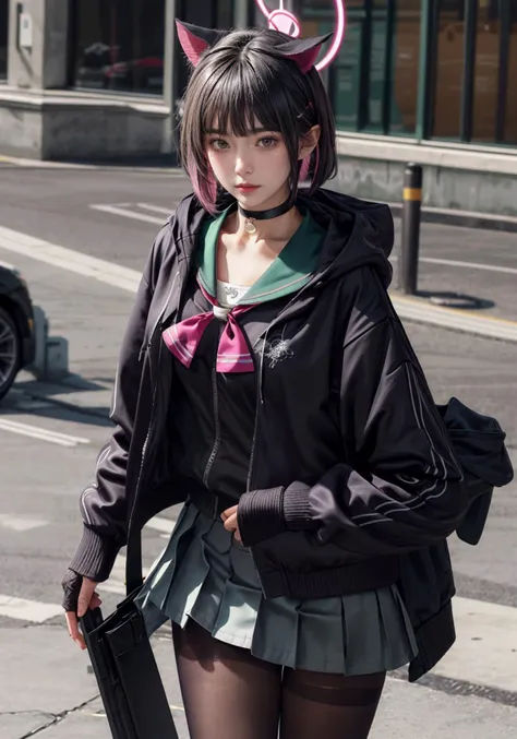 masterpiece, best quality,
kazusa, 1girl,younger, animal ears, colored inner hair, halo, short hair,black choker, black jacket, black pantyhose, green sailor collar, hooded jacket, white skirt, miniskirt, hairclip, pink neckerchief, school uniform,
<lora:MengX girl_Mix_V40:0.9> <lora:add_detail:0.9> <lora:chara-kazusa-v1c:1>