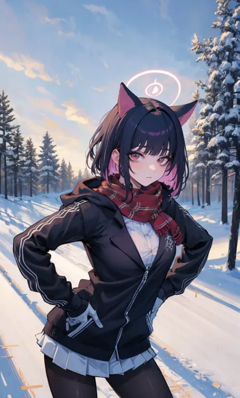 kazusa, 1girl, animal ears, colored inner hair, halo, black coat, scarf, sweater, skirt, black pantyhose, boots with laces, gloves, breasts, [small breasts|medium breasts], crotch seam BREAK expressionless, (light smile:0.85), hands on hips, looking at viewer, cowboy shot, multicolored background:0.75)  <lora:kazusaBlueArchive_v1c:1>
((outside, streets, ((winter, snow)), sky, clouds, trees)) ((facing viewer)), ((close shot))  <lora:jkStyle_jkfinal:0.6>