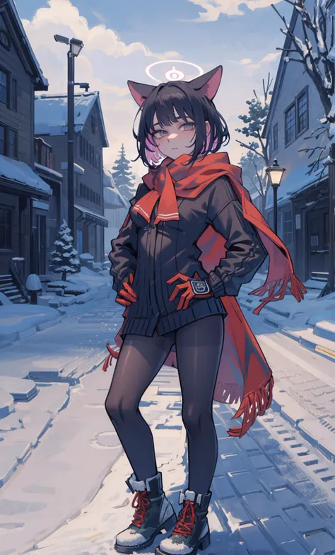 kazusa, 1girl, animal ears, colored inner hair, halo, black coat, scarf, sweater, skirt, black pantyhose, boots with laces, gloves, breasts, [small breasts|medium breasts], crotch seam BREAK expressionless, (light smile:0.85), hands on hips, looking at viewer, cowboy shot, multicolored background:0.75)  <lora:kazusaBlueArchive_v1c:1>
((outside, streets, ((winter, snow)), sky, clouds, trees)) ((facing viewer))  <lora:vanripperartStyle_vanripart05:1>