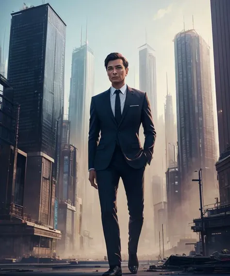 male businessman with an elegant attire , inspired by Greg Rutkowski and beeple, oil on canvas , complex city background