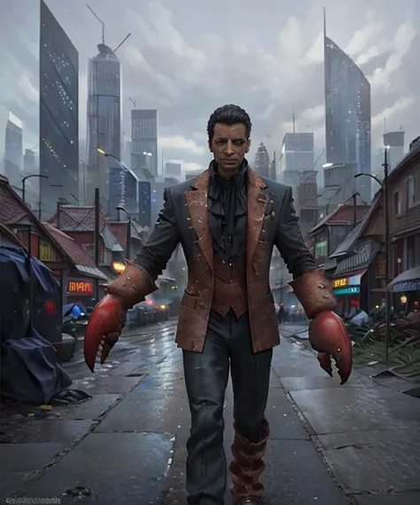 businessman with an elegant attire and crabhands, inspired by Greg Rutkowski and beeple, oil on canvas , complex city background, <lora:crabhands-13: 1>