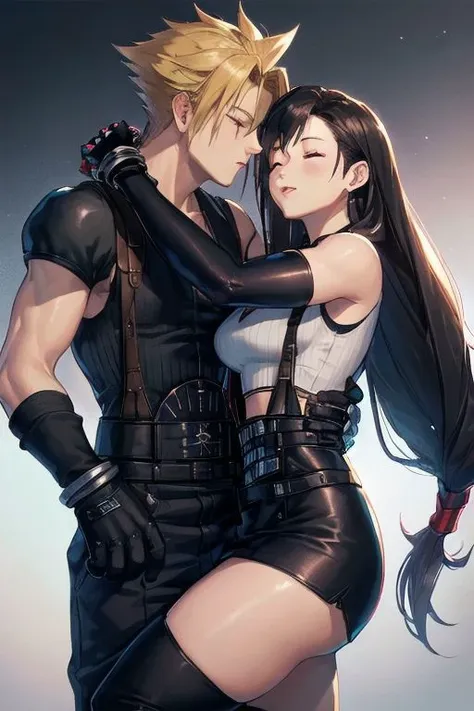 (man kissing woman), (kissingcheek), parted lips, from side, medium breasts, the woman is tifa (defTifa, white crop top, elbow pad, fingerless gloves, suspenders, pencil skirt, black socks, red boots) BREAK
the man is cloud strife (blone spiky hair wearing a black tuxedo with blue detail), (eyes closed), close up shot