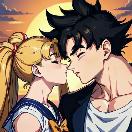 masterpiece, best quality, illustration, volumetric lighting, symmetry BREAK
(man kissing woman), (kissingcheek), parted lips, from side, medium breasts, the woman is 1girl, sailor moon (blonde hair, blue eyes, ornament, long hair, twintails, circlet, (parted bangs:1.2)) BREAK
the man is 1boy (goku from dragon ball), ((buff, muscular, long black spiky hair:1.1), wearing a tuxedo) BREAK
(eyes closed:1.2), close up shot, romantic vibe, sunset background, soft lighting, (arms on side:1.2), (perfect nose:1.2)
