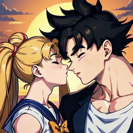 masterpiece, best quality, illustration, volumetric lighting, symmetry BREAK
(man kissing woman), (kissingcheek), parted lips, from side, medium breasts, the woman is 1girl, sailor moon (blonde hair, blue eyes, ornament, long hair, twintails, circlet, (parted bangs:1.2)) BREAK
the man is 1boy (goku from dragon ball), ((buff, muscular, long black spiky hair:1.1), wearing a tuxedo) BREAK 
(eyes closed:1.2), close up shot, romantic vibe, sunset background, soft lighting, (arms on side:1.2), (perfect nose:1.2)