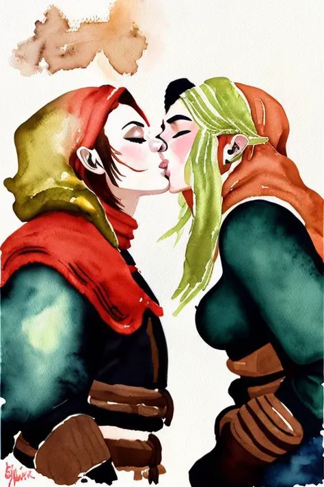 (arabic gerudo valley woman 1girl:1.1) tribe woman kissing (ganondorf villain 1boy:1.1) on the cheek kissingcheek hetero <lora:wcolors-step00001600:0.8> watercolor painting <lora:kissingcheek:1>