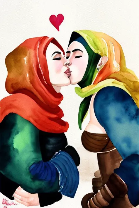 (arabic gerudo valley woman 1girl:1.1) tribe woman kissing (ganondorf villain 1boy:1.1) on the cheek kissingcheek hetero <lora:wcolors-step00001600:0.8> watercolor painting <lora:kissingcheek:1>