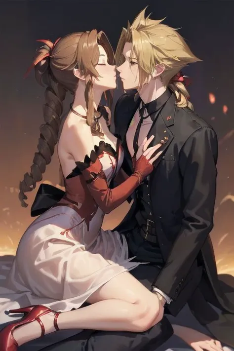 (man kissing woman), (kissingcheek), parted lips, from side, medium breasts, the woman is aerith gainsborough (long brown hair, strapless red and white dress, red heels) BREAK
the man is cloud strife (short blonde spiky hair, wearing a black tuxedo, long sleeve), (eyes closed), close up shot, romantic vibe, sunset background