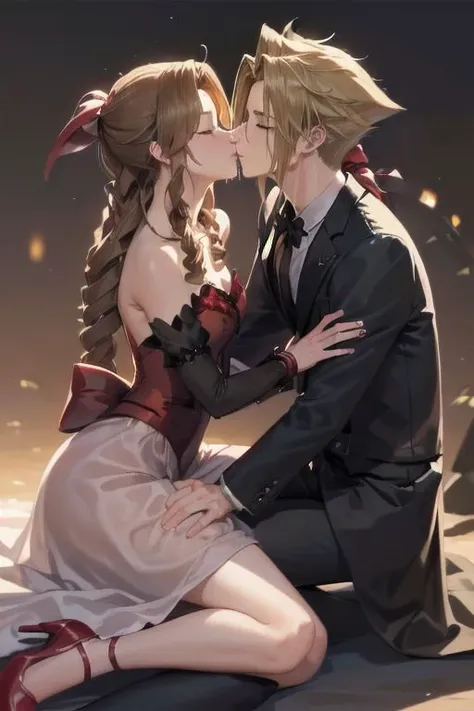 (man kissing woman), (kissingcheek), parted lips, from side, medium breasts, the woman is aerith gainsborough (long brown hair, strapless red and white dress, red heels) BREAK
the man is cloud strife (short blonde spiky hair, wearing a black tuxedo, long sleeve), (eyes closed), close up shot, romantic vibe, sunset background, soft lighting