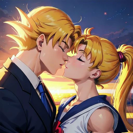 masterpiece, best quality, illustration, volumetric lighting, symmetry BREAK
(man kissing woman), (kissingcheek), parted lips, from side, medium breasts, the woman is 1girl, sailor moon (blonde hair, blue eyes, ornament, long hair, twintails, circlet, (parted bangs:1.2)) BREAK
the man is 1boy (goku from dragon ball), ((buff, muscular, long black spiky hair:1.1), wearing a tuxedo) BREAK
(eyes closed:1.2), close up shot, romantic vibe, sunset background, soft lighting, (arms on side:1.2), (perfect nose:1.2)