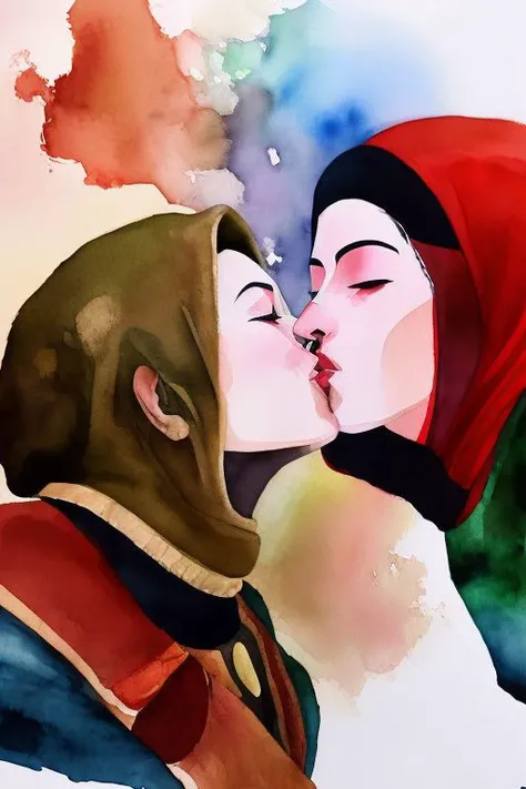 (oot fanart:1.1) (arabic gerudo valley 1girl:1.1) tribe woman kissing (ganondorf villain 1boy:1.1) on the cheek kissingcheek hetero <lora:wcolors-step00001100:0.9> watercolor painting <lora:kissingcheek:1>